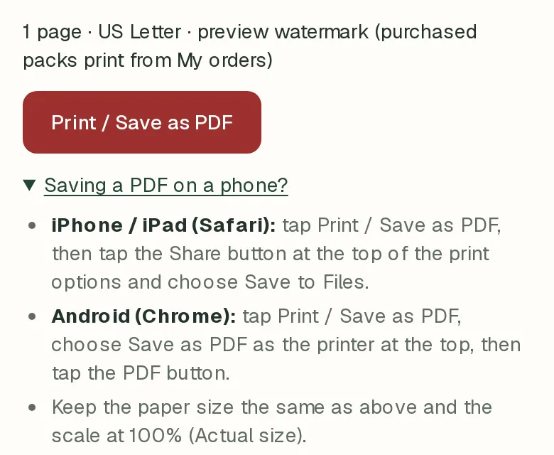 The print page on a phone: the Print / Save as PDF button and the “Saving a PDF on a phone?” tips opened